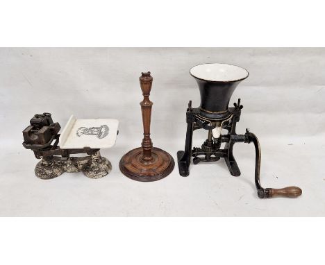 Set of early 20th century butcher's/dairy scales&nbsp;with pottery top, printed with heraldic device inscribed 'Justitia et F