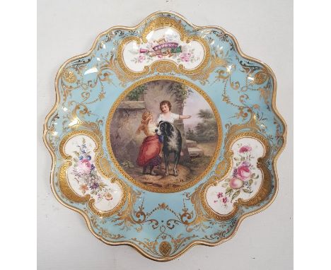 19th century English porcelain cabinet plate&nbsp;painted by J Rouse, the centre painted with two children beside a hound in 