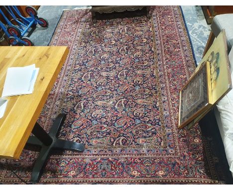 Persian blue ground handmade wool, cotton and silk 'Kashan' rug with floral and boteh design field, multiple floral borders, 