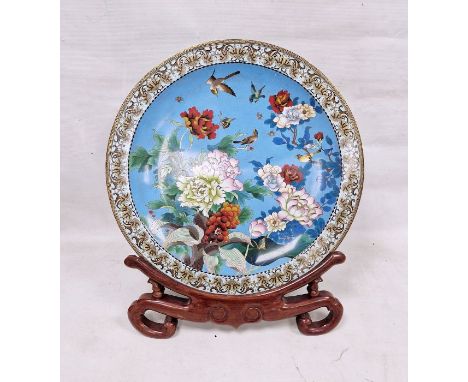 20th century Chinese large cloisonne charger&nbsp;and hardwood stand, decorated with flowering peony, roses and other flowers