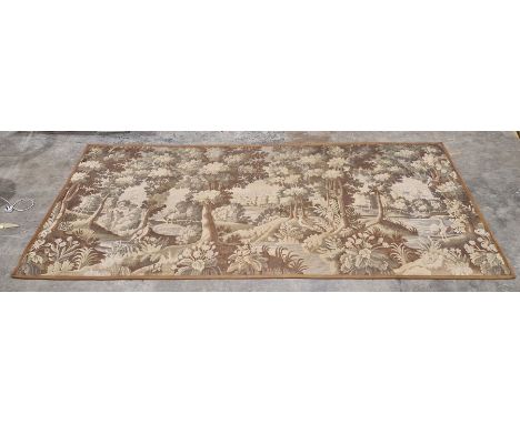 Modern machine-made tapestry wall hanging depicting a romantic woodland scene in hues of greens, browns, orange and creams. 1