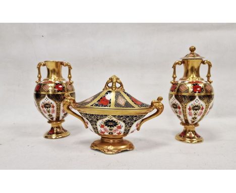 Royal Crown Derby bone china imari pattern assembled garniture, printed iron red marks, pattern no.1128, various painter's ma