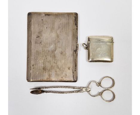 Pair Georgian silver sugar tongs with twisted handles, marks worn,  silver vesta case and silver cigarette case, engine turne