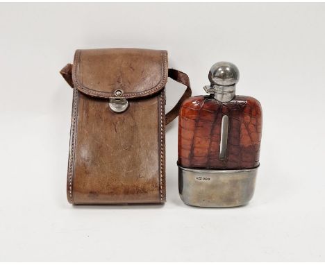 George V silver mounted glass and crocodile skin hip flask, with removable silver cup, hallmarked Sheffield 1924 by Mappin &a