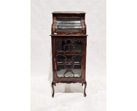 Late 19th/early 20th century stained wooden display cabinet, the top section with s-curved glass panel and lift-up lid, openi