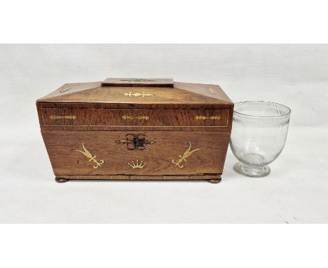 Mahogany sarcophagus-shaped tea caddy&nbsp;with brass inlays and banding, incomplete interior with mixing bowl, 35cm x 19cm x