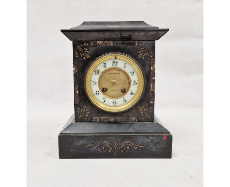 Late 19th century black slate mantel clock&nbsp;of architectural form with chapter ring of Arabic numerals, retailed by Strad