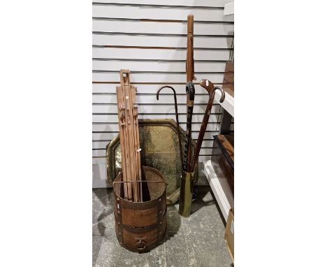 Winsor &amp; Newton folding artists easel, an iron-bound simulated coopered barrel, a Middle Eastern/Indian engraved brass oc