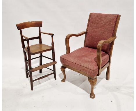 Early 20th century oak armchair with upholstered seat and back, raised on front cabriole supports, 91cm high and a child's hi
