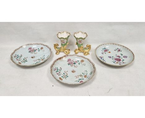 Pair of 19th century Staffordshire porcelain cornucopia vases, circa 1830, green ground, painted with bouquets of flowers sup