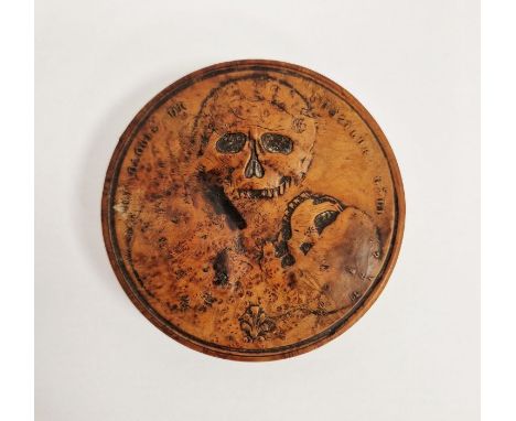 19th century French walnut 'Cranologie de Docteur Gal' snuffbox, relief decorated with skulls and relief inscribed to the bas
