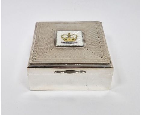 Elizabeth II silver cigarette box, of square form, commemorating the 1953 coronation, with inlaid enamel crown plaque to lid,