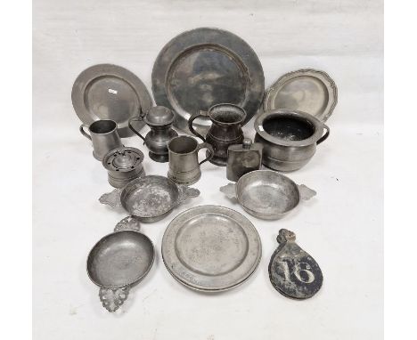Collection of antique pewter, predominantly 18th and 19th century, including three porringers, hinged inkwell and glass liner
