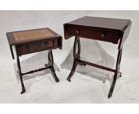 Reproduction fall-flap lamp table with lyre supports, reeded outswept legs, with hare claw feet and brass castors, turned str