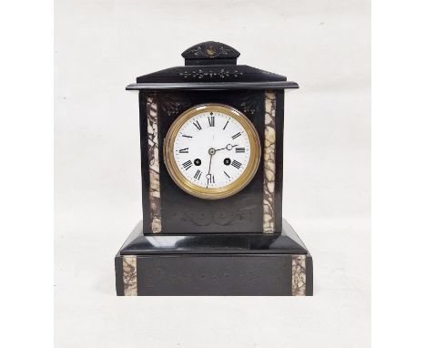 Victorian black slate mantel clock&nbsp;of architectural form, white dial with roman numerals flanked by marble inlay, the mo