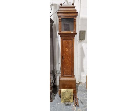 Oak-cased 30-hour longcase clock, the square glazed hood with stepped pediment topped with wrythen urn finials flanked by mou