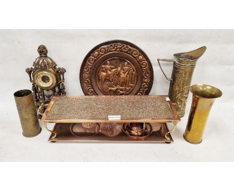 Assorted brass and metalware including Victorian Arts &amp; Crafts-style copper and brass double food warmer of rectangular f