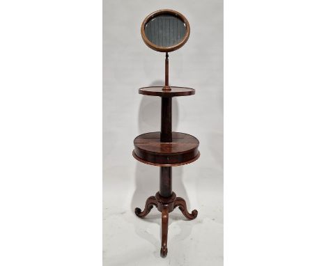 Victorian mahogany shaving stand, the circular vanity mirror over shelf and a lower circular drum-shaped toilet accessory box