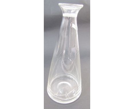 Four 1990s coloured studio glass goblets and a tapering conical decanter, the goblets with pink and blue bowls with shaped ri