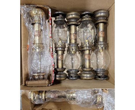 Six reproduction brass White Star Line Liverpool-style electrified lamps&nbsp;with glass shades, each on wall-mounted bracket