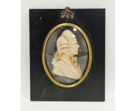 Wax relief three-dimensional portrait, head and shoulders of Georgian gentleman, in black frame   