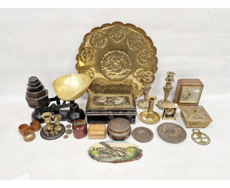 Salters &amp; Co set of scales with graduating weights, a pair of brass candlesticks&nbsp;with ram and ring terminals, Eliot 
