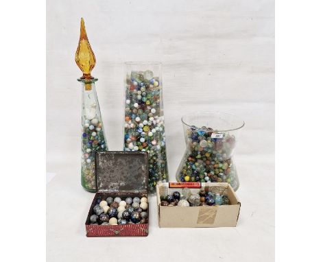 Large quantity of marbles&nbsp;of various sizes and colours, one within a mid-20th century decanter with an amber-coloured gl