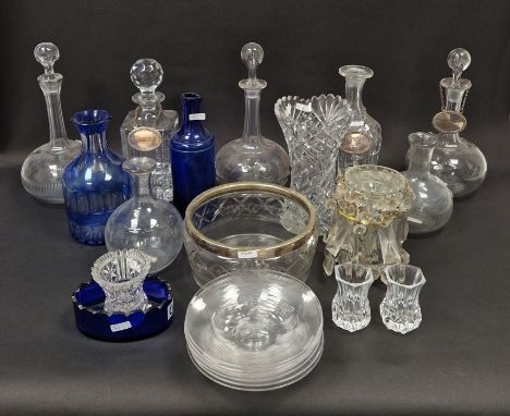 Collection of late 19th/early 20th century glass decanters and carafes including examples engraved with ferns, two shaft and 