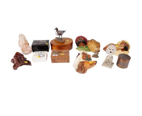 A collection of decorative collectibles, including: a copper circular trinket box, with Arabic characters and foliage decorat