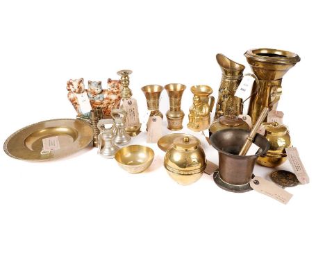 A selection of brass and other decorative wares, including: a brass toby jug; two Lipton brass tea caddies, engraved ‘British