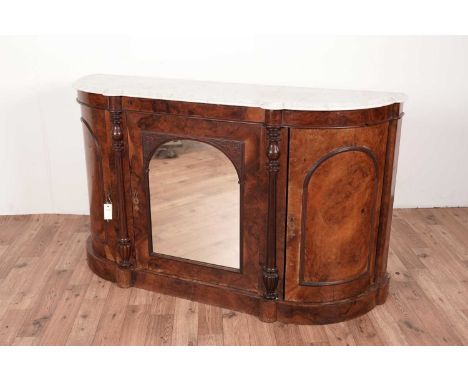 A Victorian burr walnut and walnut marble topped credenza, with mirrored central door and outer panel doors, 154 x 47 x 90cms