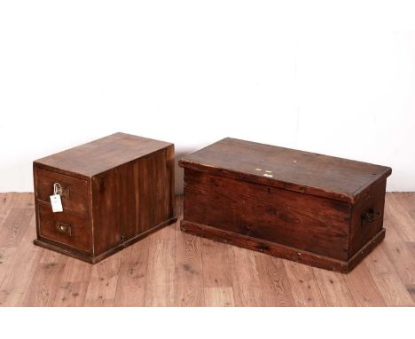 A vintage stained pine two-handled blanket box, of small size, 74 x 37 x 32cms high; and a set of vintage filing drawers, 29 