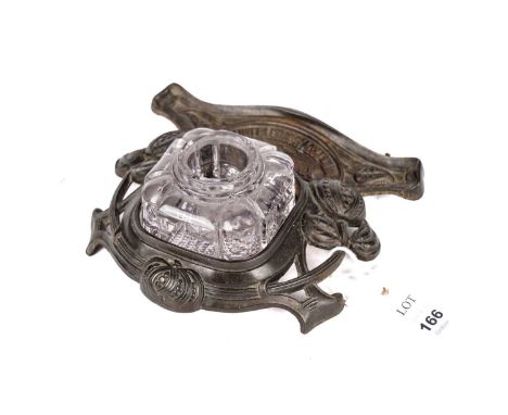 A Ryhope and Silksworth Xmas 1907 Ind &amp; Prov. Society Limited bronze inkwell, with square glass inkpot, the bronze stand 