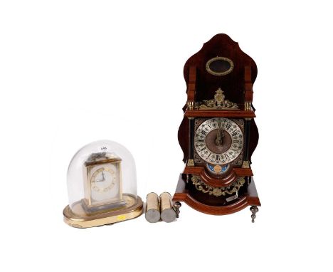 A 20th Century mahogany wall clock, with gilt coloured Roman dial and scrolling brass decoration and brass finials; together 