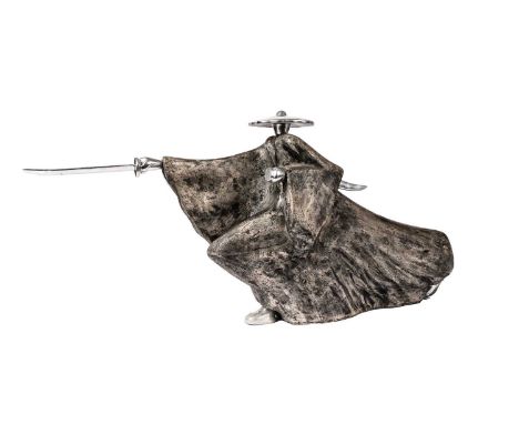 A contemporary abstract figure of a Samurai, modelled in a billowing cloak, with sword outstretched, 98cms wide.