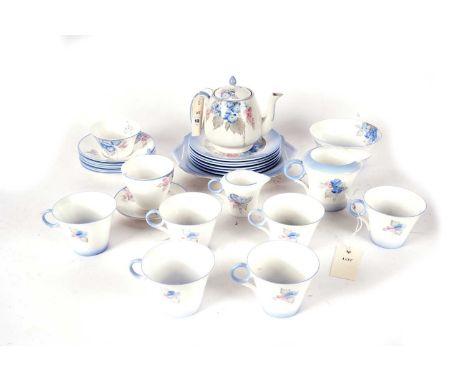 A Shelley ‘Phlox’ pattern part tea service, comprising: two graduated cream jugs, a sandwich plate, seven teacups and saucers
