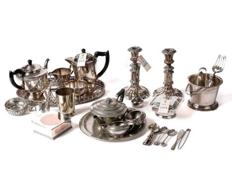 A selection of pewter and silver plated ware, including: an ‘Argent’ hammered pewter tea service, comprising: tea pot, twin h