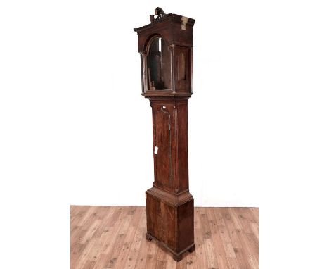 A George III mahogany cross banded long clock case (no dial or movement) with two weights and pendulum (A/F), 235cms high.