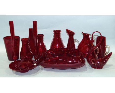 A collection of fourteen pieces of ruby Whitefriars glass. 