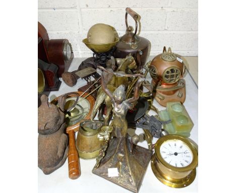 A collection of vintage weighing scales, a model of a diver's helmet and other metal ware and miscellaneous items. 