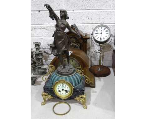 An H.A.C. Wurttemberg walnut mantel clock, with gilt arch dial and pendulum, 40cm high and other clocks. 
