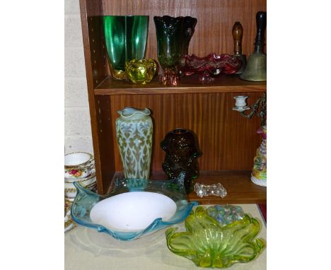 A collection of modern art glass vases and an opalescent green glass vase, 30cm high. 