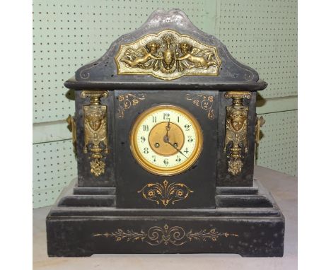 A large metal-mounted slate/marble mantel clock of architectural form, 50cm high, another with two-piece dial and inlaid mala