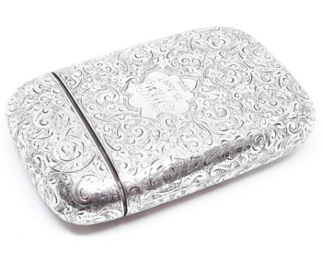 A Victorian bright cut engraved cigarette or cigar case with gilt interior, Barnet Henry Joseph, Birmingham 1886, length 9cm,