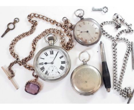 A vintage toffee tin with a British Rail Limit  pocket watch, a Short &amp; Mason compass, a ladies silver pocket watch, a go