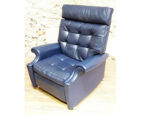 A Parker Knoll blue rexene button back reclining armchair, width 90cm, depth 93cm & height 102cm.(This item may not comply wi