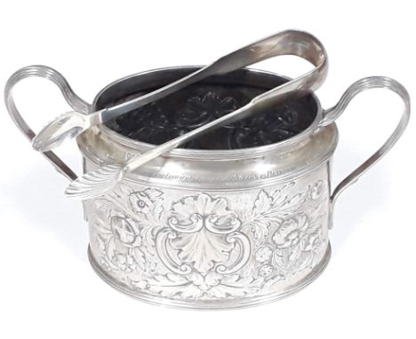 A Victorian twin handled and embossed silver sucrier, inscribed 'From the Governing Body of the Royal Agricultural College to