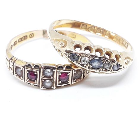 An 18ct gold diamond sapphire ring and a 15ct gold ruby and pearl ring, gross wt. 5.7g, size P/Q.  