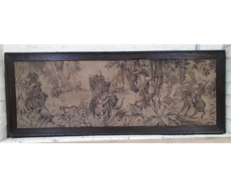 An oak framed Anglo-Indian tapestry depicting hunters on elephant back hunting tigers 150cm x 58cm.  