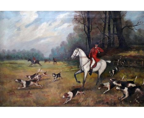 19th century naive school, hunting scene, oil on canvas, 75cm x 50cm, unsigned, framed 83cm x 58cm.Condition: tear to canvas 